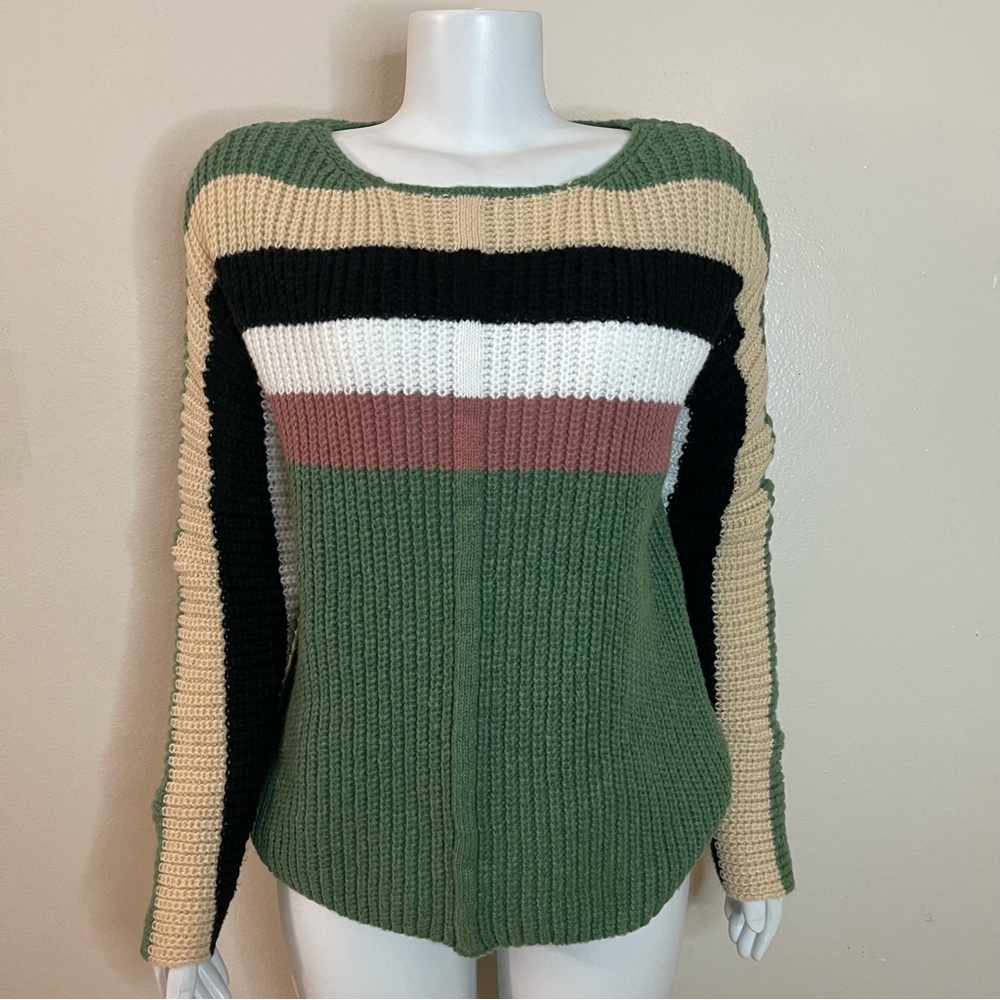 Color block boat neck  dropped shoulders  knit pullover  sweater